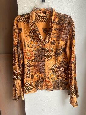 Tianello boho bell sleeve neutrals silk blouse Size XL